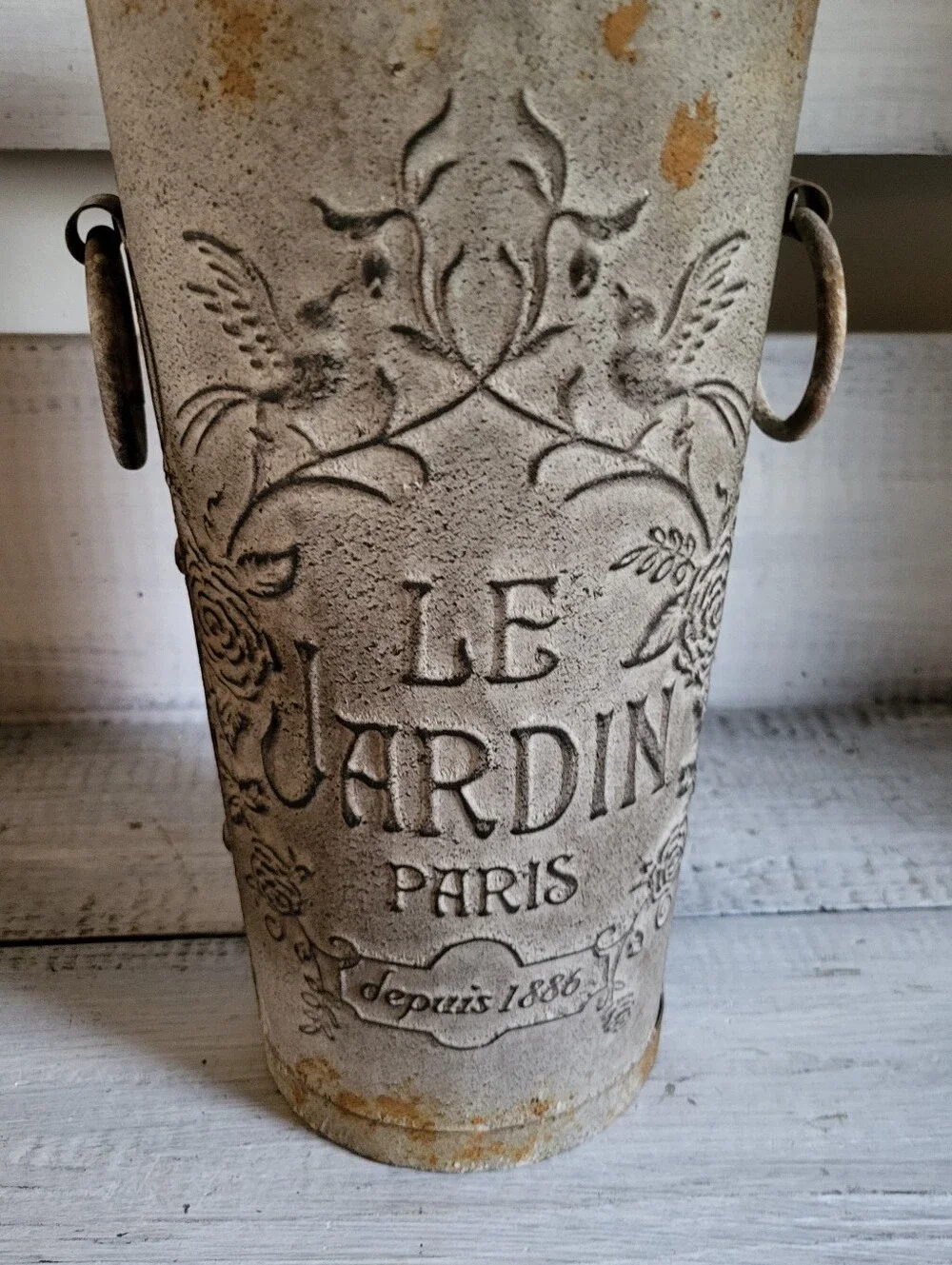 Aris Rustic Cream and Brown Embossed Metal Planter